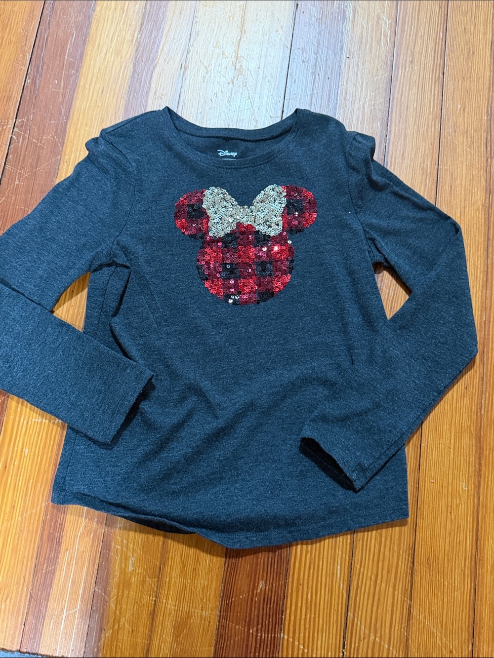 Disney Black Long-Sleeve Top with Red Plaid Sequin Minnie and Gold Bow